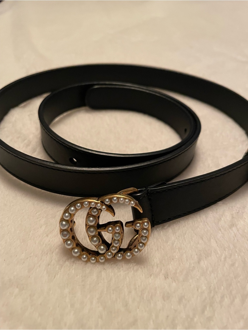 Gucci Black Leather Belt with Pearl-Studded Double G Buckle
